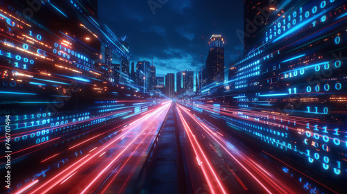 futuristic cityscape at night, with streaks of red and blue traffic lights on the road, overlaid with glowing digital binary code streaming through the air