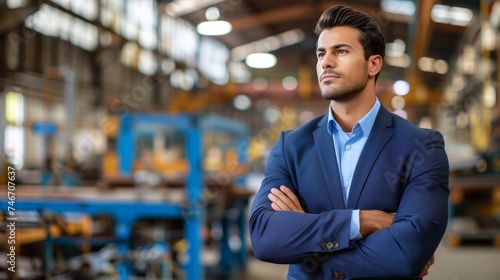 Confident male engineer with arms crossed in manufacturing plant leadership concept in industry.