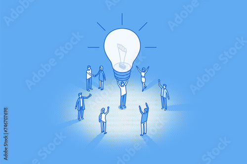 Inspiration, light bulb glow in team leader hands. Happy brainstorm result. Isometric vector business illustration. Small people characters develop creative idea. Startup, teamwork leadership concept.
