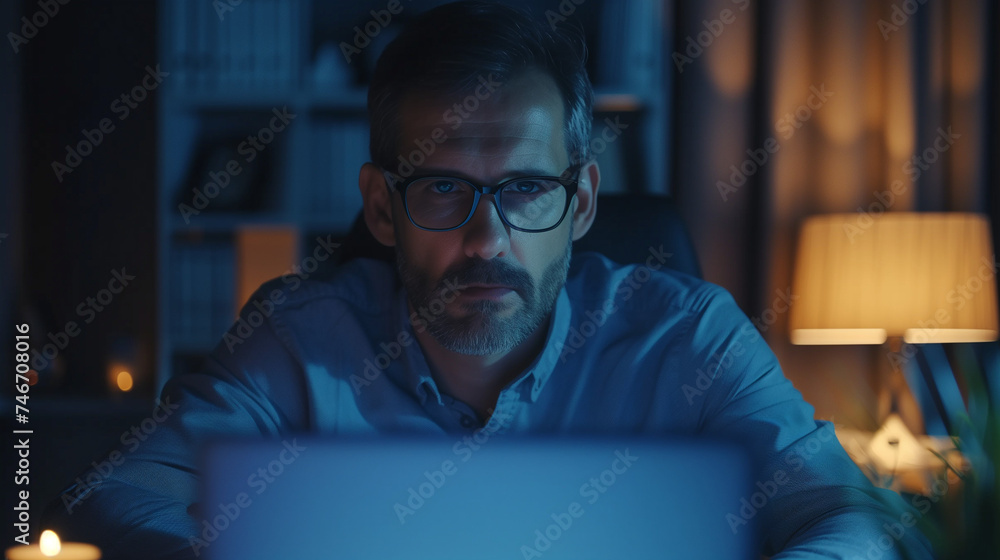 Serious businessman, freelancer in eyeglasses sits at desk staring at laptop screen learn new program, review app, do telework, search issue solution, think on answer, consider received information Serious businessman, freelancer in eyeglasses sits at desk staring at laptop screen learn new program, review app, do telework, search issue solution, think on answer, consider received information