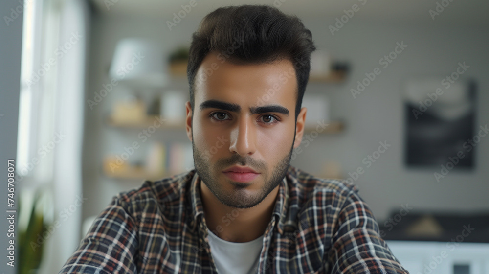 Serious handsome business company owner man in informal casual clothes posing in office for shooting, looking at camera. Young Arab startup leader, creative project manager guy portrait Serious handsome business company owner man in informal casual clothes posing in office for shooting, looking at camera. Young Arab startup leader, creative project manager guy portrait