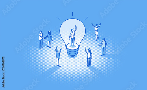 Team leader inspiration inside glowing light bulb . Happy brainstorm result. Isometric vector business illustration. Small people characters develop creative idea. Startup, teamwork leadership concept