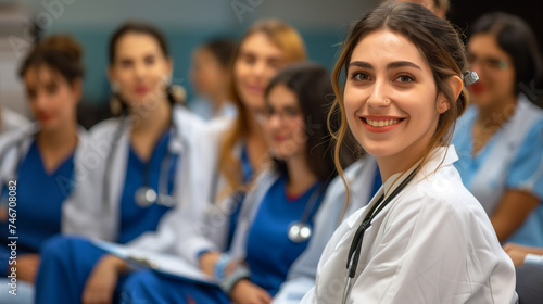 smiling cheerful nurse doctor sit relax in seminar training class nurse doctor group happiness positive face expression in education class hospital background