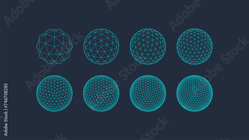 3D Geometric shapes set, editable stroke wireframe. Line mesh spheres, geodesic dome. Vector outline figure collection, linear form, graphic design element. Architectural surface, organic concept.