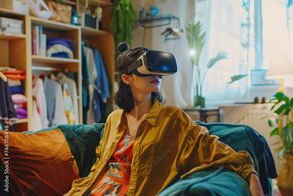 A woman experiences virtual reality using a VR headset, seated in a cozy room A woman experiences virtual reality using a VR headset, seated in a cozy room