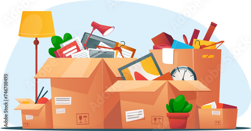 Cardboard boxes of household items ready to move to new home, concept of moving to new place. Stock vector illustration
