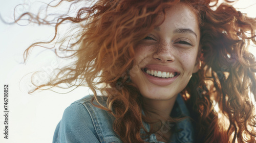 A cheerful person with curly red hair and freckles is smiling brightly, wearing denim and clear eyeglasses, with a white backdrop.