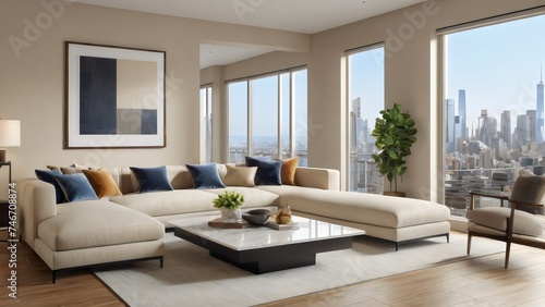 Experience modern comfort with a 3D rendering: beige sofa, light stucco walls in apartment living room. Ideal for showcasing contemporary interior design concepts.