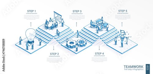 3d line isometric teamwork infographic template. Office work. success, communication presentation layout. 5 option steps, process parts, growth concept. Business people team. Cooperation, trophy icon. © Hilch