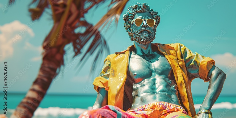 a male bust wearing swimming shorts, a yellow unbuttoned shirt and sunglasses is casually sitting on a chair next to a palm tree. Summer vibes concept