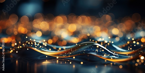 blue and gold abstract background with blue dots, in the style of flowing fabrics, luminous landscapes, selective focus, abstraction, glittery, iconic, detailed