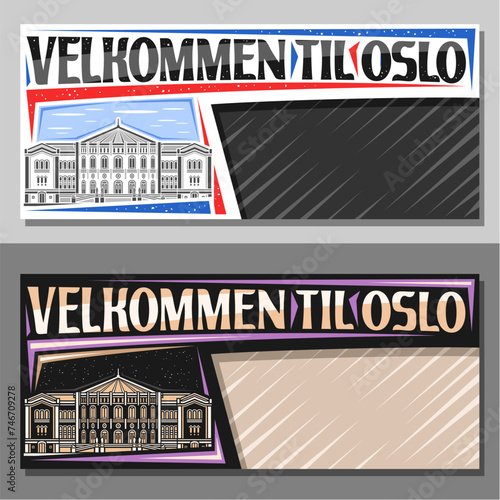 Vector banner for Oslo with copy space, decorative layout with line illustration of norwegian parliament in oslo on day and dusk sky background, art design tourist card with words velkommen til oslo photo