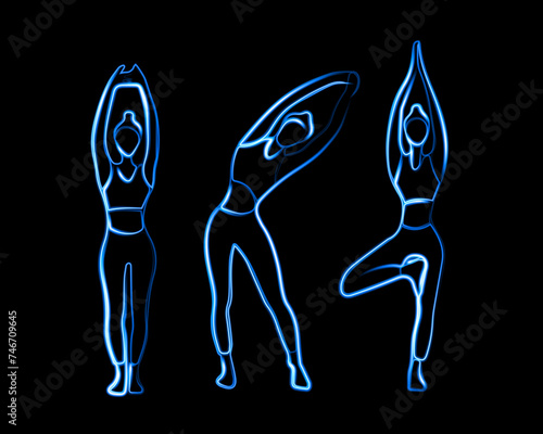 Vector isolated illustration of yoga poses with neon effect.