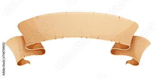 Parchment paper scroll ribbon, old vintage banner game ui element isolated on white background.