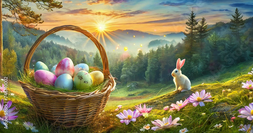 Lapin dans un bois avec des œufs de Pâques décorés dans un panier au lever du soleil.