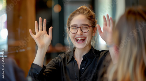 A cheerful person wearing eyeglasses is waving hello with a bright smile in a social setting, conveying a warm and welcoming demeanor. © MP Studio