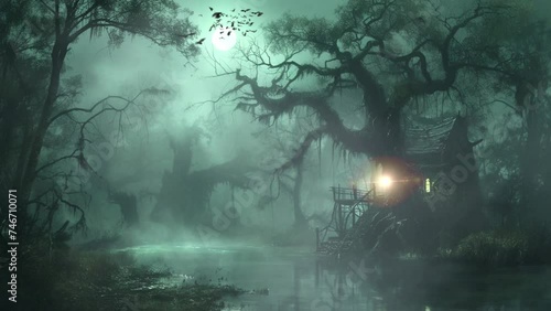 dark and cursed swamp with twisted trees, Seamless looping 4k video background animation photo