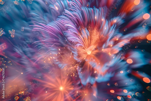 A close-up shot capturing the intricate patterns and vibrant colors of a fireworks display, with multiple bursts happening simultaneously in a symphony of light. © CREATER CENTER