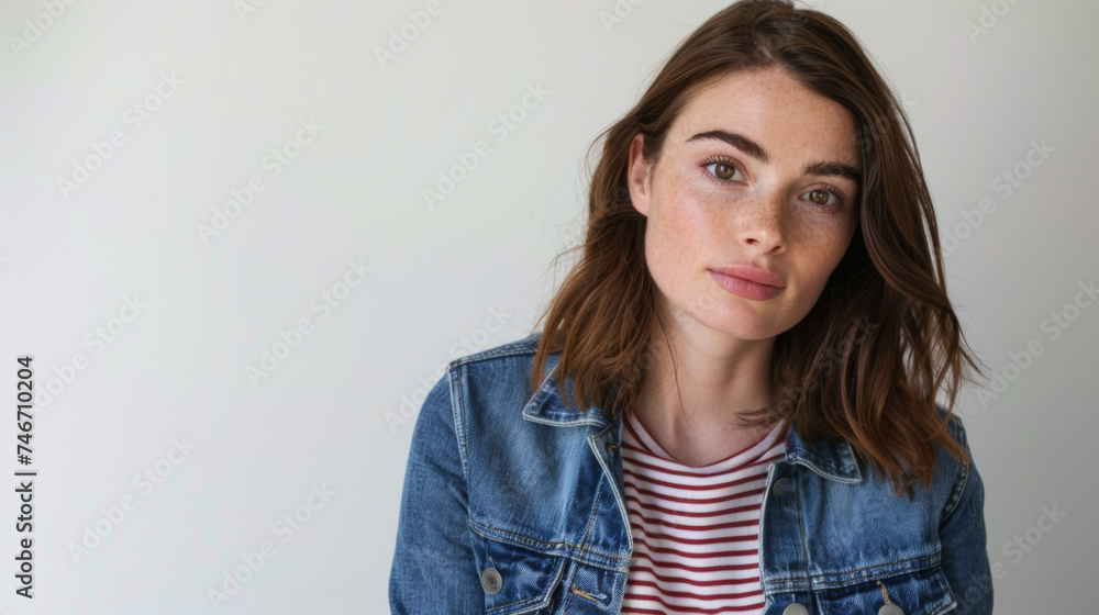 A person with a skeptical expression, wearing a denim jacket and a striped shirt, raises an eyebrow in a questioning manner.