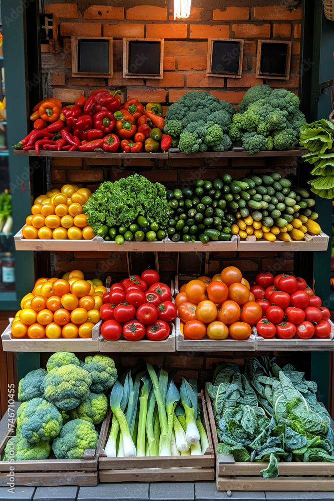 Fresh vegetables and fruits are on display at the market stall, offering a variety of organic options for sale.