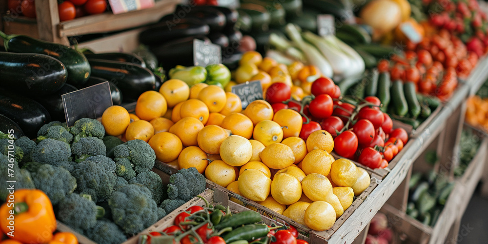 At the bustling market, vibrant displays of fresh, organic vegetables and fruits invite health-conscious shoppers.