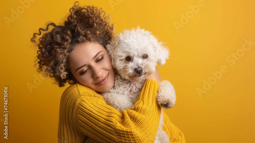 A joyful woman in a yellow knit sweater lovingly embraces her fluffy white dog, sharing a moment of affection.