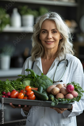 In the kitchen, a mature Caucasian woman, a doctor, prepares a healthy meal of fresh vegetables, promoting wellness.
