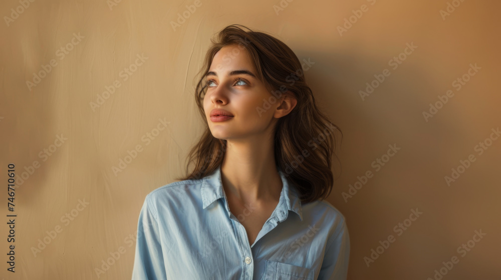 A young woman with shoulder-length hair gazes to the side against a neutral beige background, wearing a light blue shirt. A young woman with shoulder-length hair gazes to the side against a neutral beige background, wearing a light blue shirt.