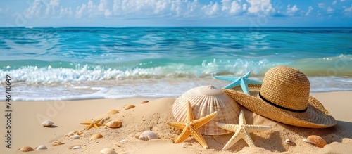 A hat and starfish are resting on the sandy beach close to the sea. The items are positioned against the backdrop of the crystal blue water under the sunny sky.