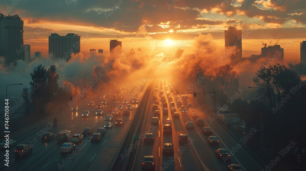 Portrait of a big city street with lots of cars. Smoke pollution from ...