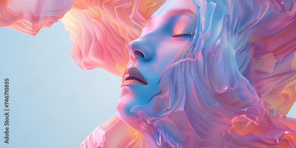 Surreal portrait of a woman with flowing pastel contours and serene expression.