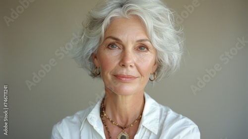 A contemplative mature woman with distinguished silver hair and a white shirt on a neutral beige background.