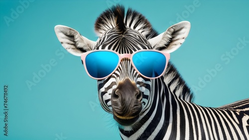 Creative animal concept  zebra in sunglass shades  isolated on solid pastel background. Perfect for commercial use and design.