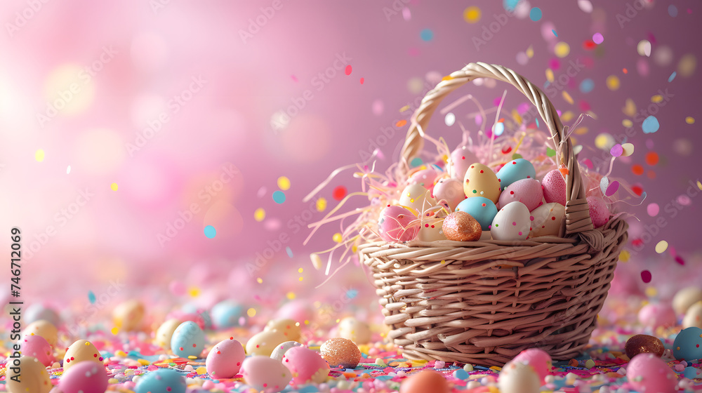 Easter eggs in a basket with confetti and falling candy on colorful background. Easter celebration concept. Design for greeting card, invitation, poster with copy space Easter eggs in a basket with confetti and falling candy on colorful background. Easter celebration concept. Design for greeting card, invitation, poster with copy space