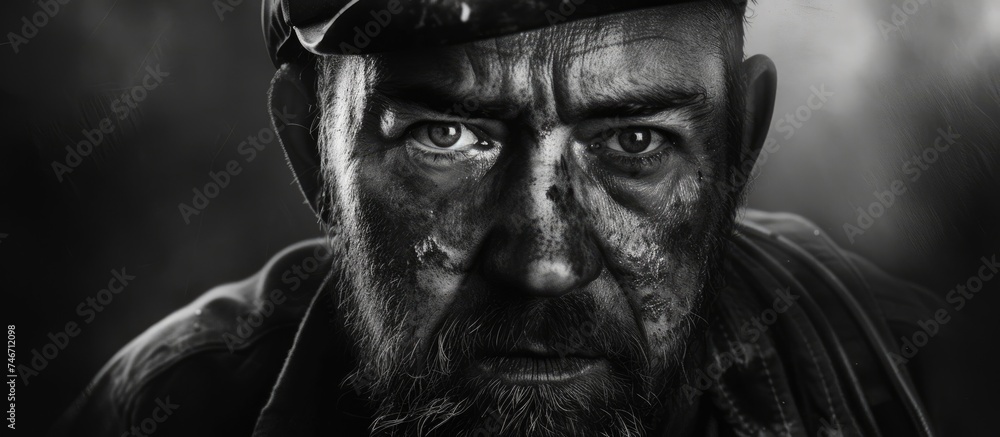 A Ukrainian coal miner standing ready for hard work and dedication, wearing a helmet and sporting a beard on his face. He exudes a sense of strength and resilience in the industrial setting. A Ukrainian coal miner standing ready for hard work and dedication, wearing a helmet and sporting a beard on his face. He exudes a sense of strength and resilience in the industrial setting.