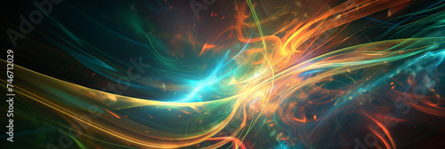 Dynamic abstract swirls of light with vibrant orange and teal colors.
