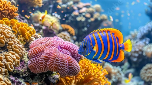 Colorful angelfish swimming among vibrant corals in a saltwater aquarium environment