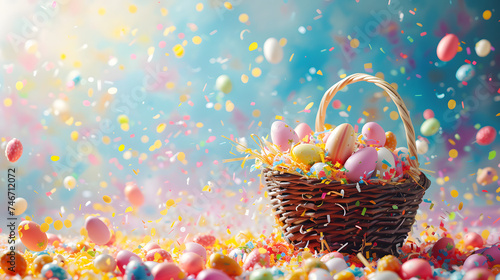 Easter eggs in a basket with confetti and falling candy on colorful background. Easter celebration concept. Design for greeting card, invitation, poster with copy space