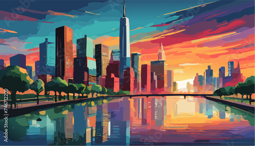American big city landscape on the sunset
