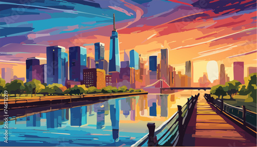 American big city landscape on the sunset