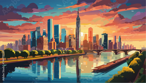 American big city landscape on the sunset