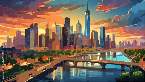 American big city landscape on the sunset