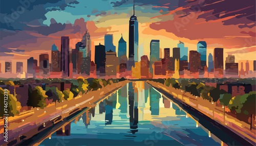 American big city landscape on the sunset