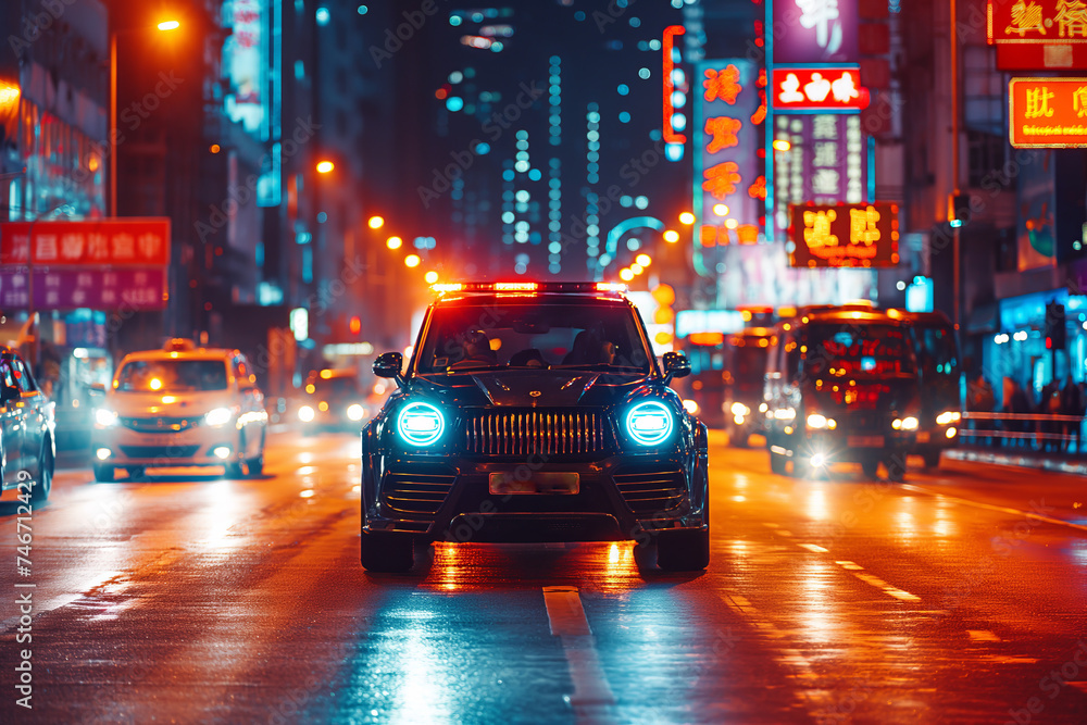 Hongkong-Stadt mit vielen Fahrzeugen im Cyber-Look bei Nacht