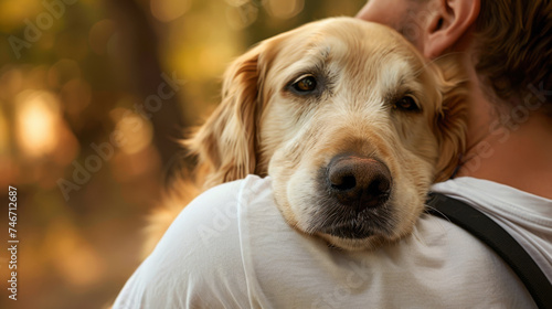 A content golden retriever dog enjoys a warm hug from a person, capturing a moment of affection and friendship in the soft glow of sunset.