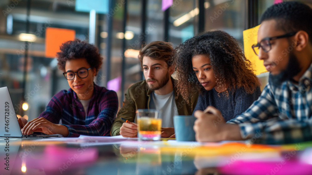 A diverse group of young professionals brainstorming ideas in a modern office setting A diverse group of young professionals brainstorming ideas in a modern office setting
