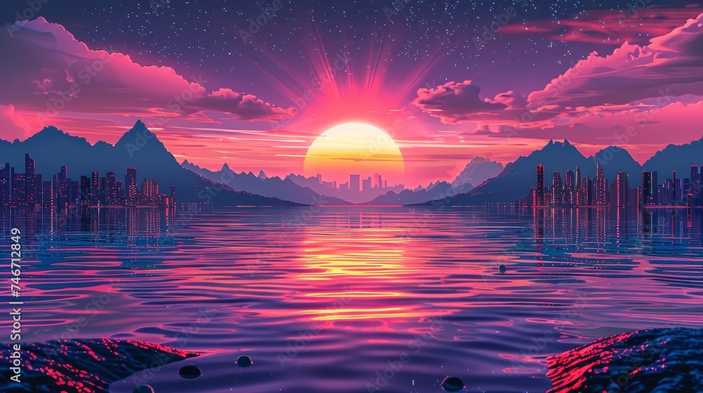 3d tropical sunset with island and palm trees. Ocean and neon sun in synthwave and new retrowave aesthetics 80s 90s - obrazy, fototapety, plakaty 