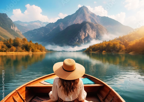 Women wear hat on head and Sit in a boat on the lake with a spectacular mountain and river view background image with travel concept © Pixel-Plaza
