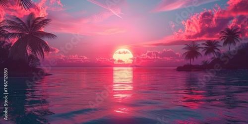 3d tropical sunset with island and palm trees. Ocean and neon sun in synthwave and new retrowave aesthetics 80s 90s photo