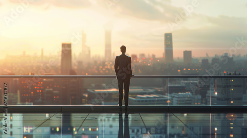 A man in a suit stands with his back to the camera  overlooking a vibrant city skyline at dusk.